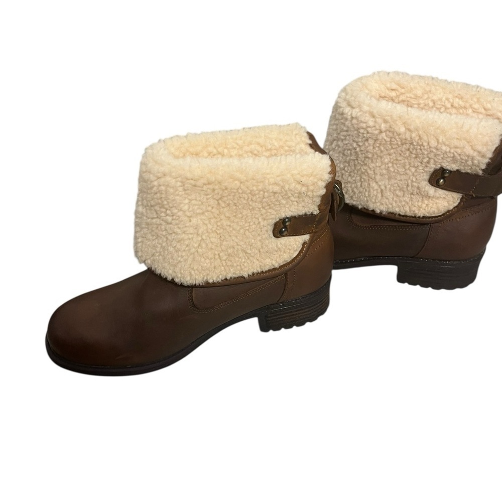 UGG Tan Leather Shearling Cuff Winter Ankle Boots Size 7 - Picture 2 of 9